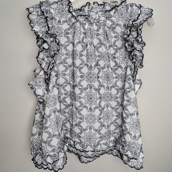 Anthroplogie Ruffled Lace Blouse Women's L Black White Shirt Top - Picture 15 of 16
